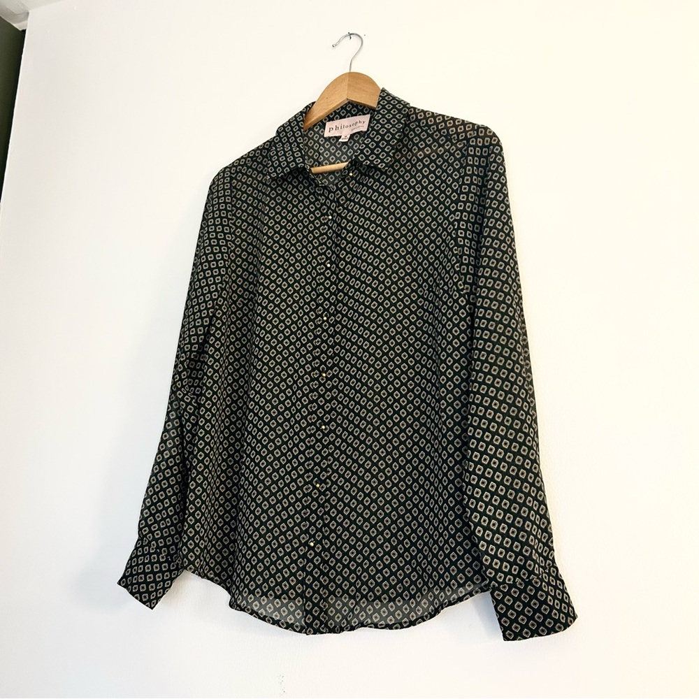 Philosophy Green and Gold Button Down Blouse